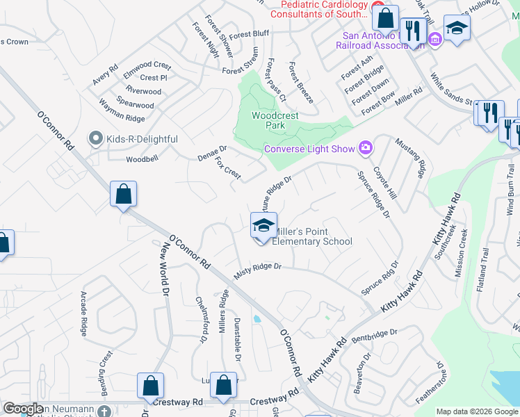 map of restaurants, bars, coffee shops, grocery stores, and more near 9815 Fortune Ridge Drive in Converse