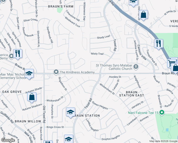 map of restaurants, bars, coffee shops, grocery stores, and more near 8962 Natalie Point in San Antonio