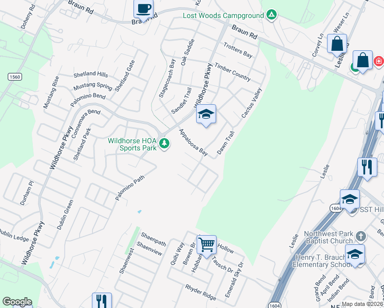 map of restaurants, bars, coffee shops, grocery stores, and more near 10423 Stallion Bay in San Antonio