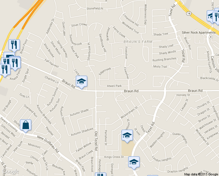 map of restaurants, bars, coffee shops, grocery stores, and more near 58 Atwell Park in San Antonio