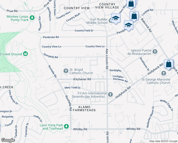 map of restaurants, bars, coffee shops, grocery stores, and more near 9431 Kirk Pond in San Antonio