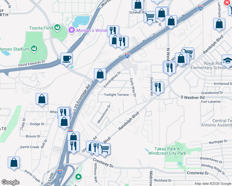 map of restaurants, bars, coffee shops, grocery stores, and more near 151 Twilight Terrace in San Antonio