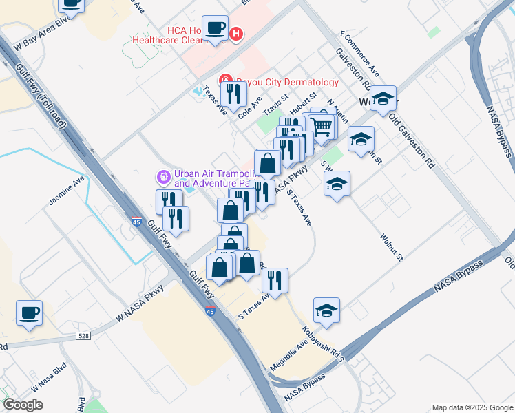 map of restaurants, bars, coffee shops, grocery stores, and more near 806 NASA Road 1 in Webster