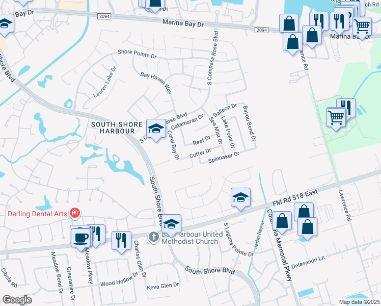 map of restaurants, bars, coffee shops, grocery stores, and more near 2012 Cutter Drive in League City