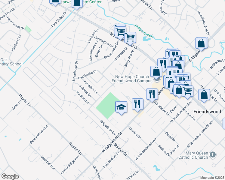 map of restaurants, bars, coffee shops, grocery stores, and more near 206 Castlelake Drive in Friendswood