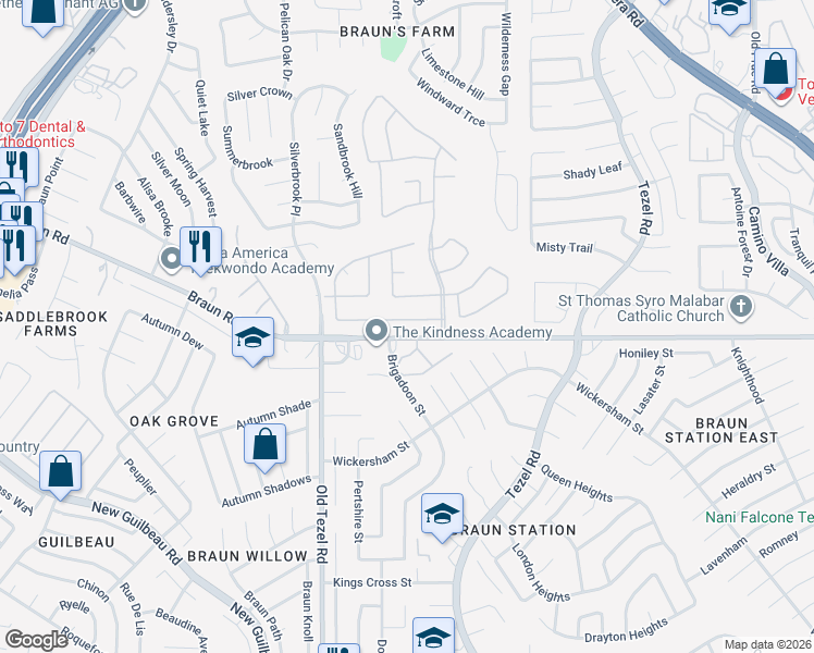 map of restaurants, bars, coffee shops, grocery stores, and more near 26 Atwell Park in San Antonio