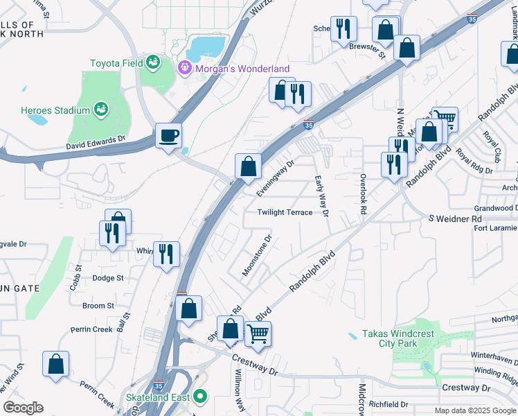 map of restaurants, bars, coffee shops, grocery stores, and more near 115 Twilight Terrace in San Antonio