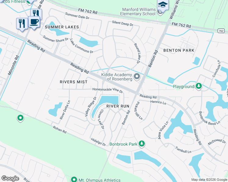 map of restaurants, bars, coffee shops, grocery stores, and more near 522 Honeysuckle Vine Drive in Rosenberg