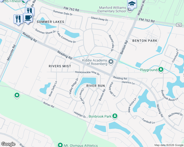 map of restaurants, bars, coffee shops, grocery stores, and more near 522 Honeysuckle Vine Drive in Rosenberg