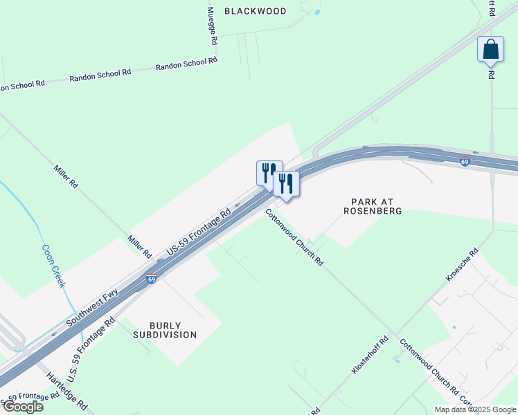 map of restaurants, bars, coffee shops, grocery stores, and more near 2849-2929 Southwest Freeway in Rosenberg