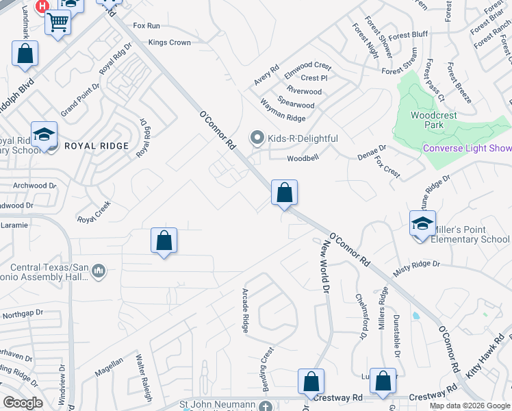 map of restaurants, bars, coffee shops, grocery stores, and more near 10445 O'Connor Road in San Antonio