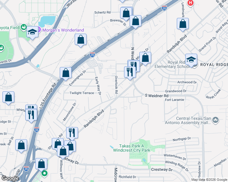 map of restaurants, bars, coffee shops, grocery stores, and more near 123 Overlook Road in San Antonio