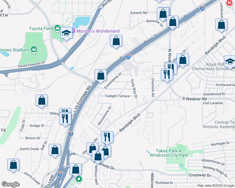 map of restaurants, bars, coffee shops, grocery stores, and more near 151 Twilight Terrace in San Antonio