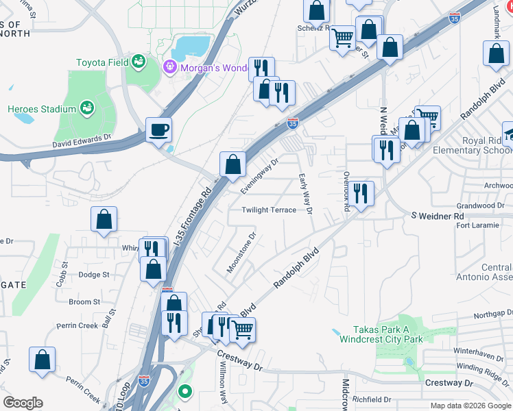 map of restaurants, bars, coffee shops, grocery stores, and more near 151 Twilight Terrace in San Antonio