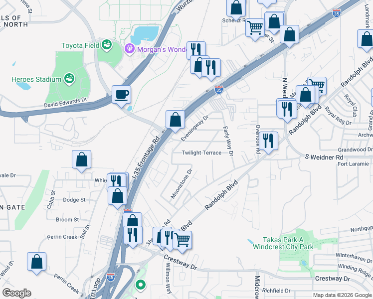 map of restaurants, bars, coffee shops, grocery stores, and more near 115 Twilight Terrace in San Antonio