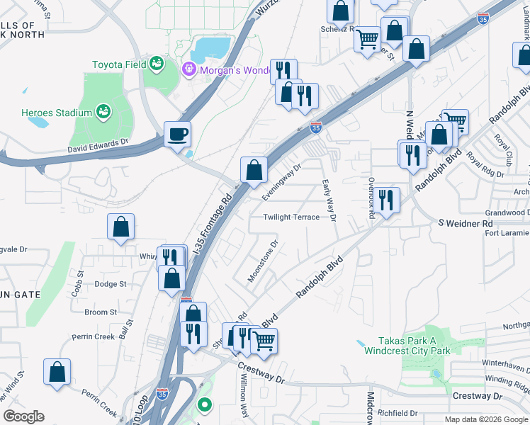 map of restaurants, bars, coffee shops, grocery stores, and more near 115 Twilight Terrace in San Antonio
