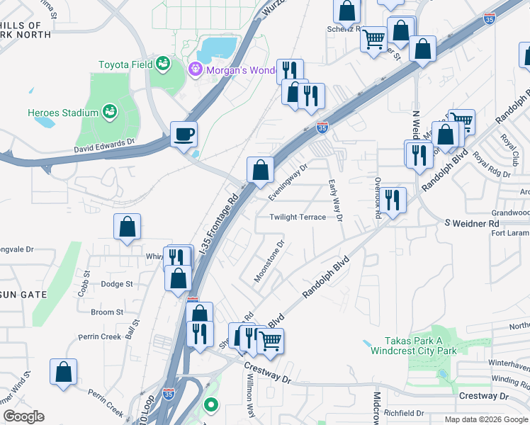 map of restaurants, bars, coffee shops, grocery stores, and more near 115 Twilight Terrace in San Antonio
