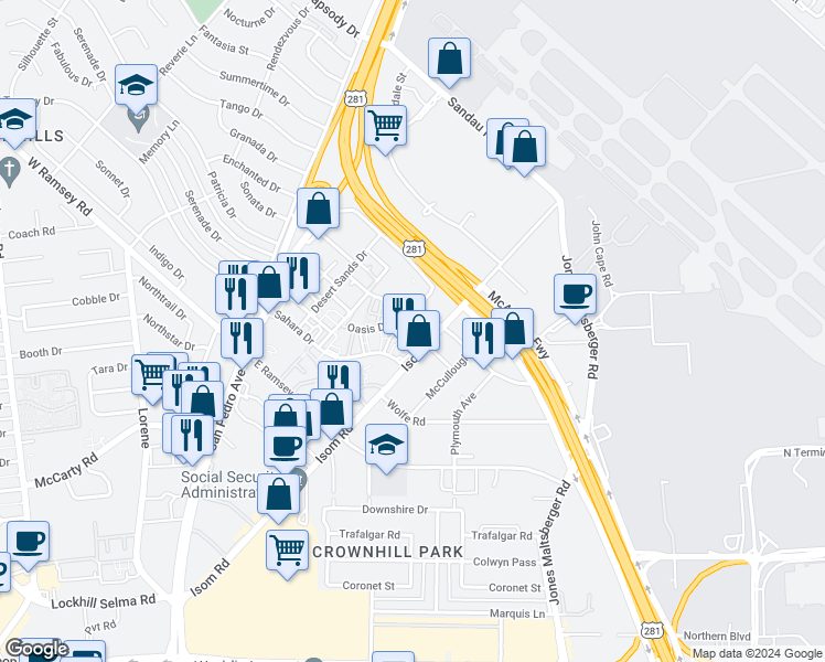 map of restaurants, bars, coffee shops, grocery stores, and more near 777 Isom Road in San Antonio