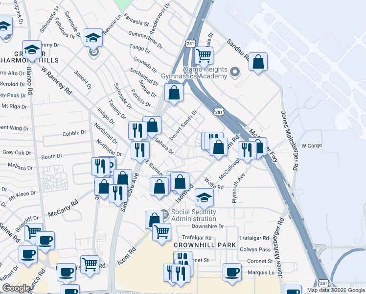 map of restaurants, bars, coffee shops, grocery stores, and more near 10343 Sahara Street in San Antonio