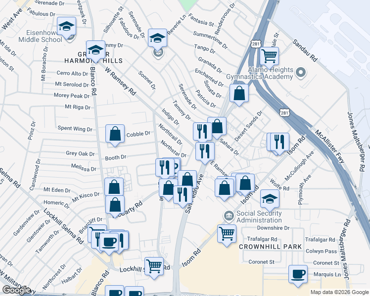 map of restaurants, bars, coffee shops, grocery stores, and more near 403 Northstar Drive in San Antonio