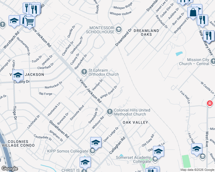 map of restaurants, bars, coffee shops, grocery stores, and more near 5411 Plantation Drive in San Antonio
