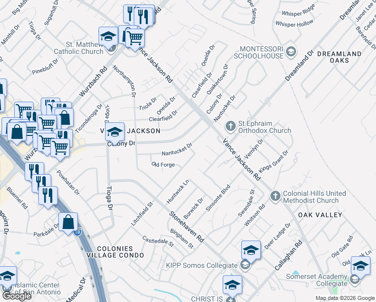 map of restaurants, bars, coffee shops, grocery stores, and more near 3306 Nantucket Drive in San Antonio