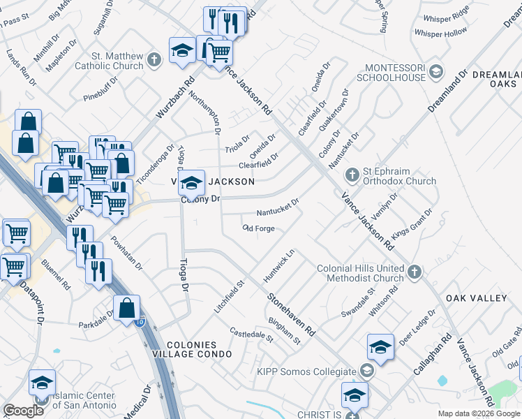 map of restaurants, bars, coffee shops, grocery stores, and more near 3331 Nantucket Drive in San Antonio