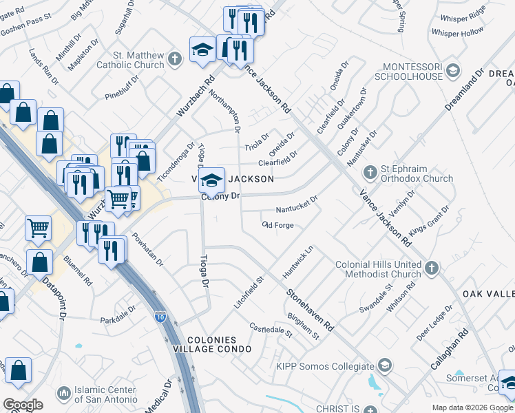 map of restaurants, bars, coffee shops, grocery stores, and more near 3423 Nantucket Drive in San Antonio