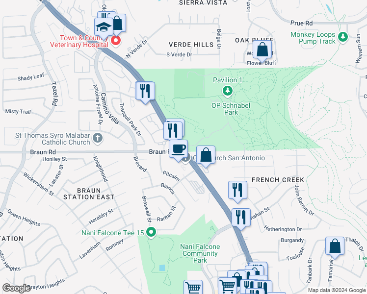 map of restaurants, bars, coffee shops, grocery stores, and more near 9445 Bandera Road in San Antonio