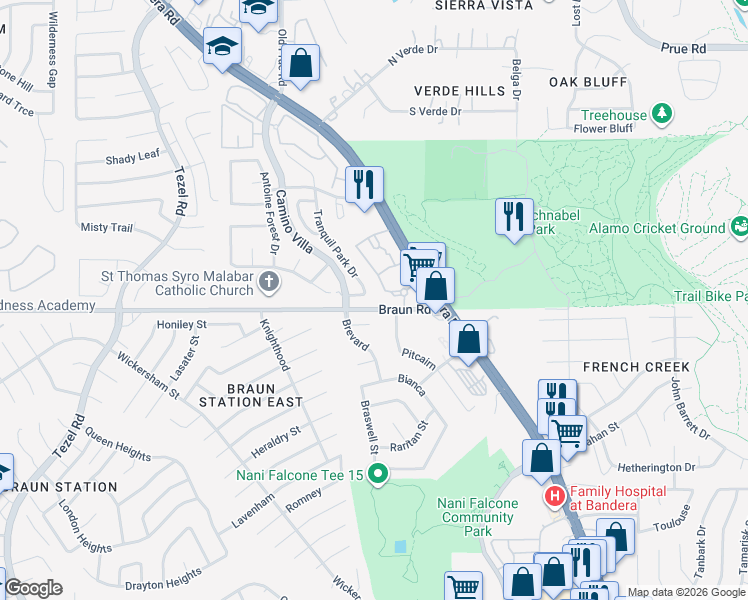 map of restaurants, bars, coffee shops, grocery stores, and more near 9406 Tranquil Park Drive in San Antonio