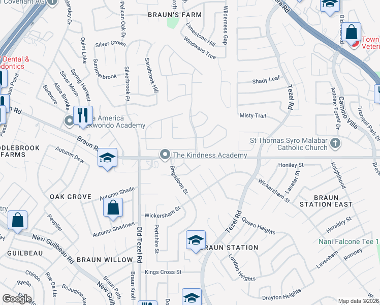 map of restaurants, bars, coffee shops, grocery stores, and more near 3 Summer Bluff Drive in San Antonio