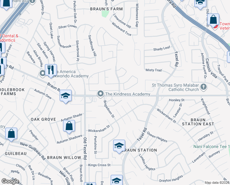 map of restaurants, bars, coffee shops, grocery stores, and more near 26 Atwell Park in San Antonio