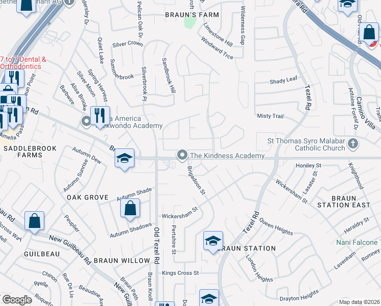 map of restaurants, bars, coffee shops, grocery stores, and more near 26 Atwell Park in San Antonio