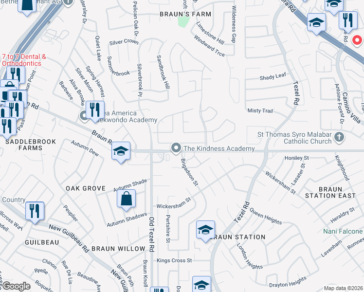 map of restaurants, bars, coffee shops, grocery stores, and more near 58 Atwell Park in San Antonio