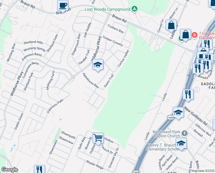 map of restaurants, bars, coffee shops, grocery stores, and more near 9632 Dawn Trail in San Antonio