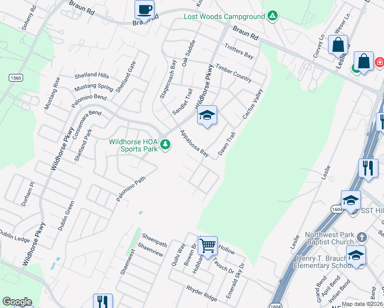 map of restaurants, bars, coffee shops, grocery stores, and more near 10423 Stallion Bay in San Antonio