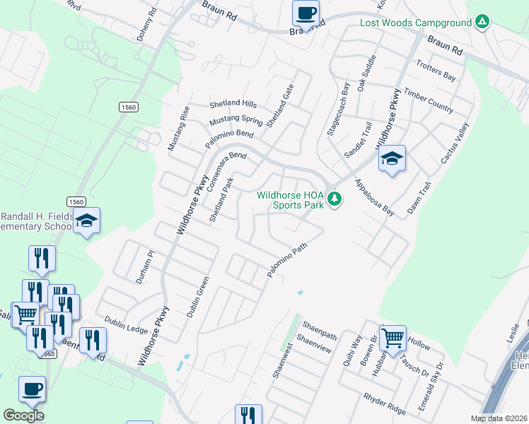 map of restaurants, bars, coffee shops, grocery stores, and more near 9702 Mustang Farm in San Antonio