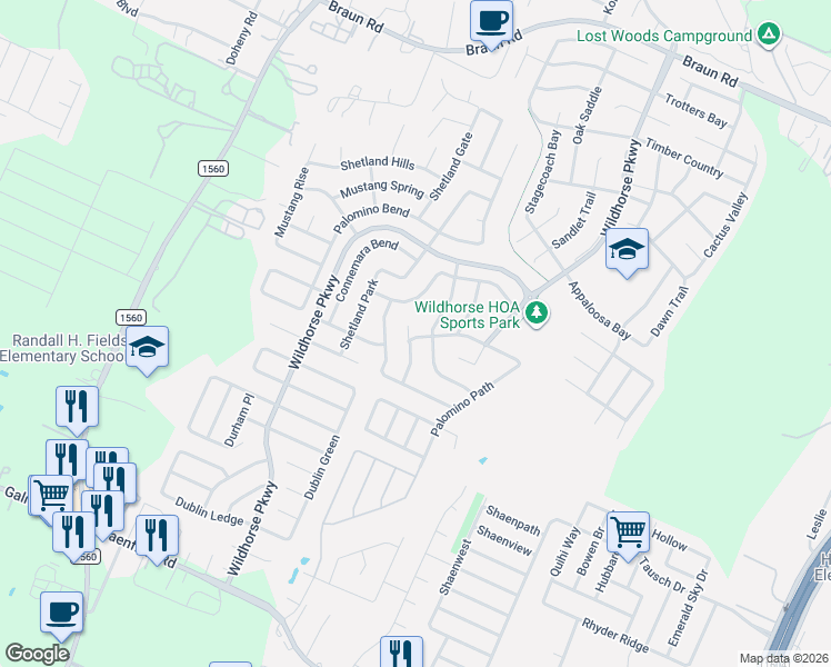 map of restaurants, bars, coffee shops, grocery stores, and more near 9607 Shetland Court in San Antonio