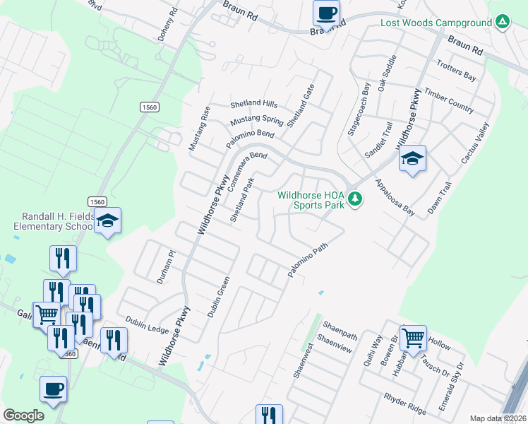 map of restaurants, bars, coffee shops, grocery stores, and more near 9607 Shetland Court in San Antonio