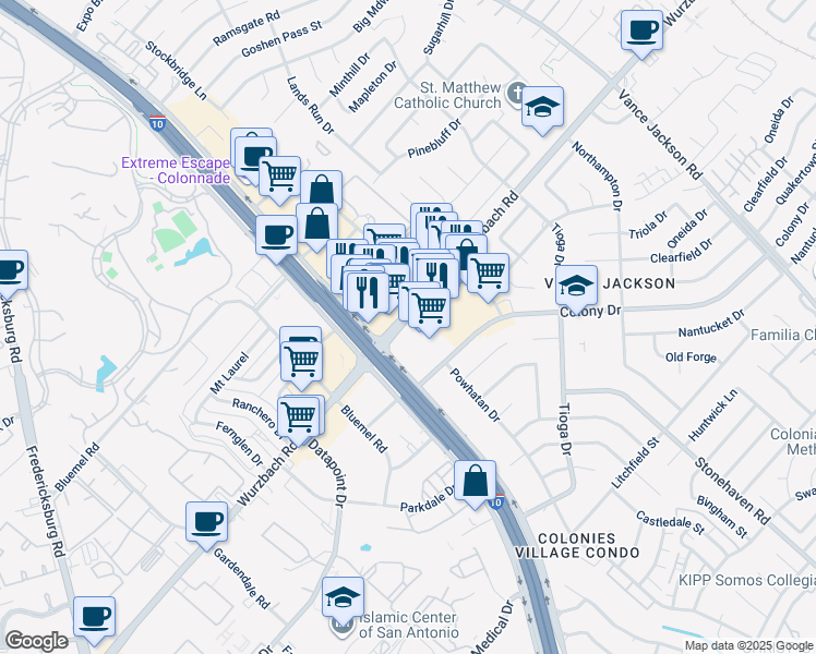 map of restaurants, bars, coffee shops, grocery stores, and more near 9900 Wurzbach Road in San Antonio