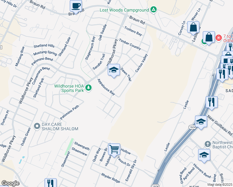 map of restaurants, bars, coffee shops, grocery stores, and more near 10319 Appaloosa Bay in San Antonio