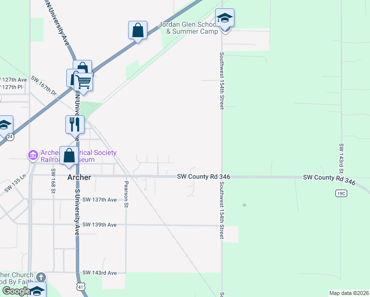 map of restaurants, bars, coffee shops, grocery stores, and more near 15790 Southwest County Road 346 in Archer