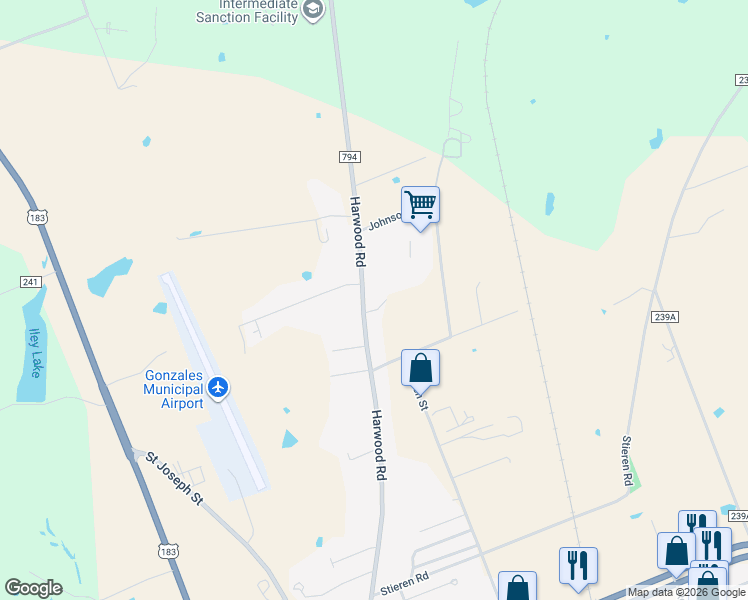 map of restaurants, bars, coffee shops, grocery stores, and more near 3122 Harwood Road in Gonzales