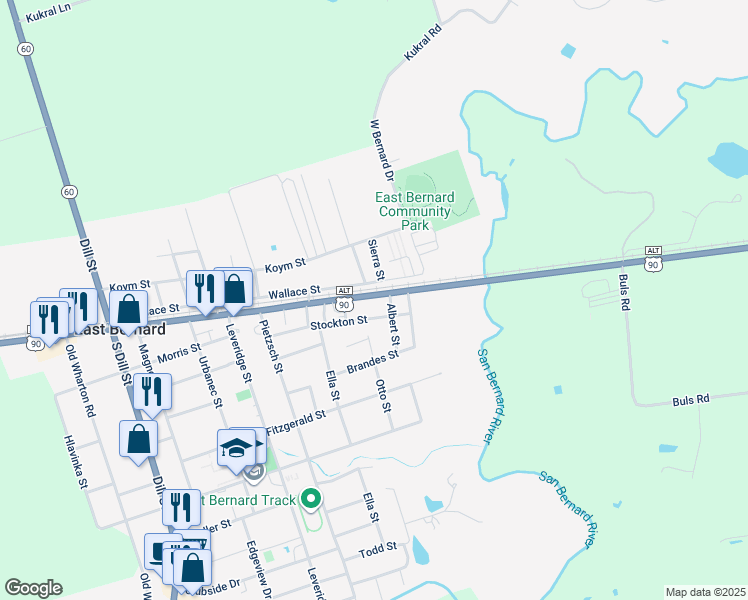 map of restaurants, bars, coffee shops, grocery stores, and more near 215 Main Street in East Bernard