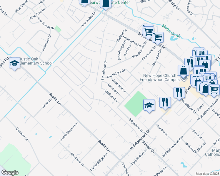 map of restaurants, bars, coffee shops, grocery stores, and more near 500 Bellmar Lane in Friendswood