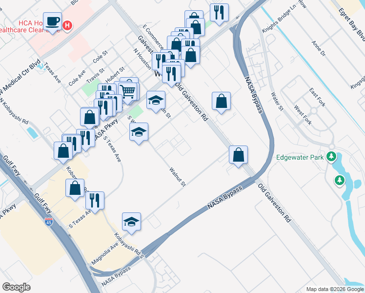 map of restaurants, bars, coffee shops, grocery stores, and more near 506 South Austin Street in Webster