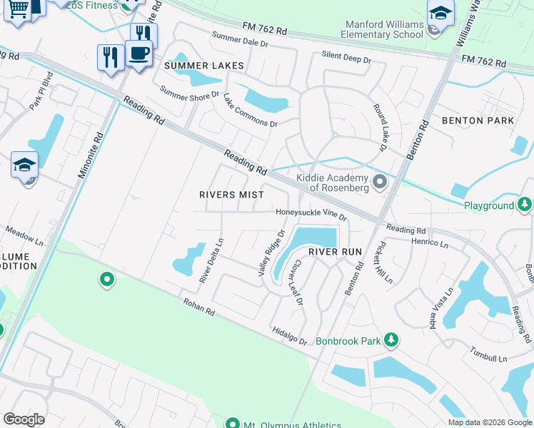 map of restaurants, bars, coffee shops, grocery stores, and more near 326 Honeysuckle Vine Drive in Rosenberg