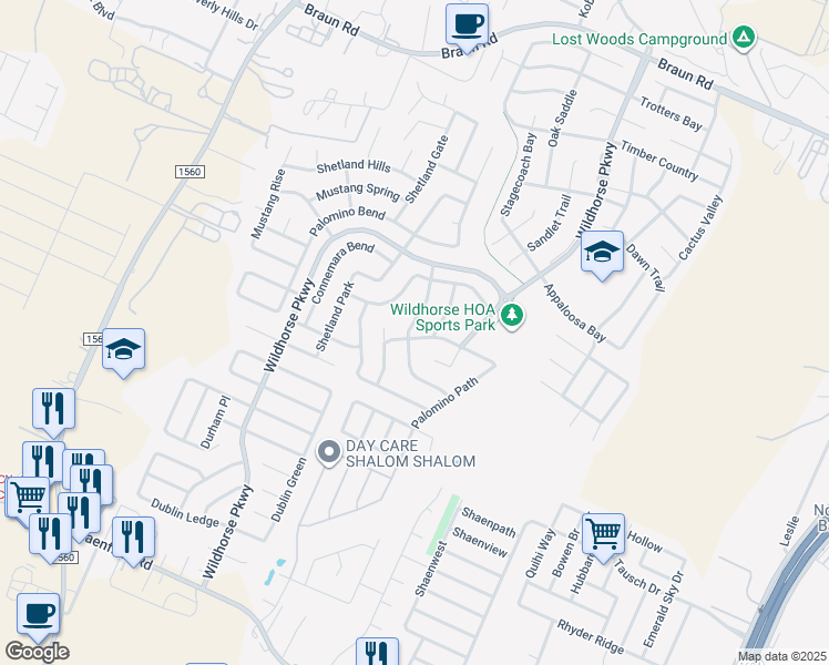 map of restaurants, bars, coffee shops, grocery stores, and more near 9702 Mustang Farm in San Antonio