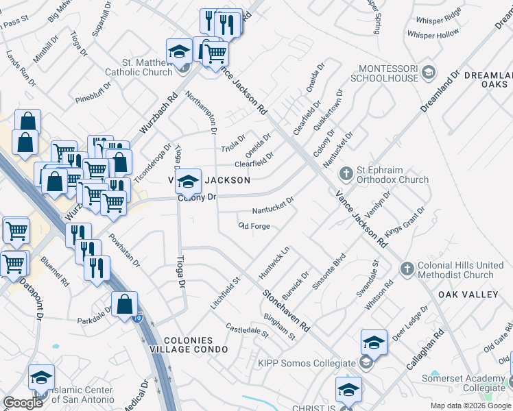 map of restaurants, bars, coffee shops, grocery stores, and more near 3331 Nantucket Drive in San Antonio
