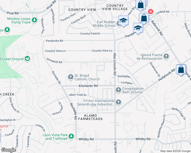 map of restaurants, bars, coffee shops, grocery stores, and more near 9435 Kirk Pond in San Antonio